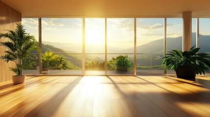 Empty room with large windows overlooking a mountain view at sunset with wood floor.