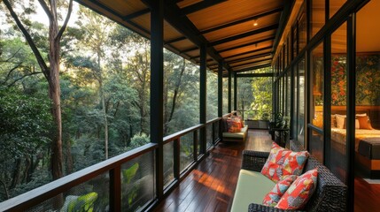 A comfortable wicker sofa with colorful pillows sits on a wooden deck overlooking a lush green forest.