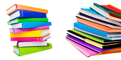 Stacks of colorful books isolated on a blank background.