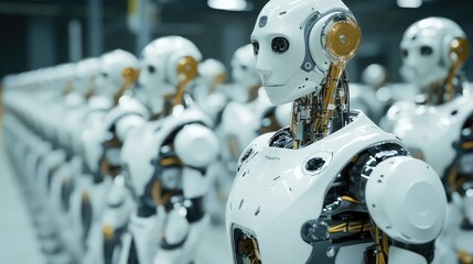 Fototapeta premium AI-driven robots working alongside humans in a high-tech manufacturing environment