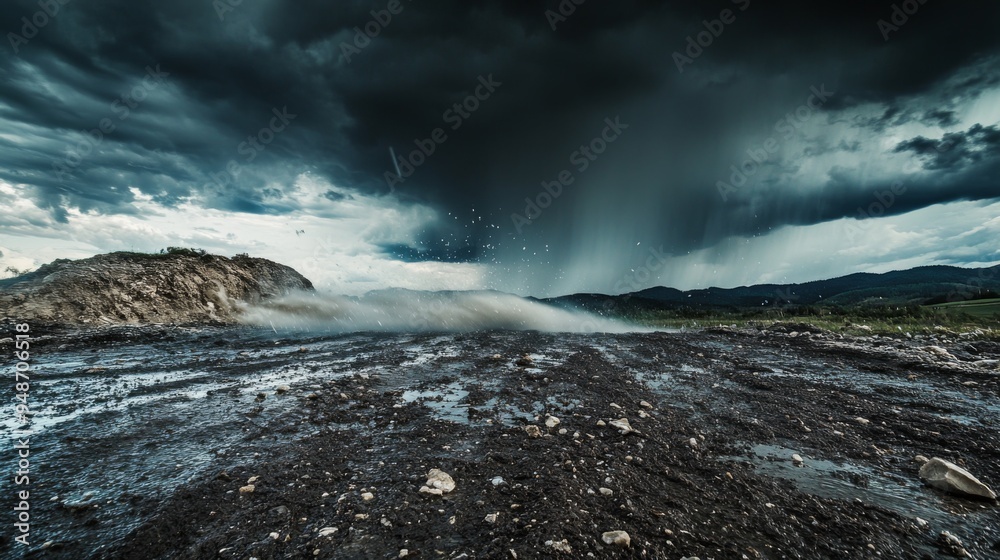 Poster a wide-angle view of a violent hailstorm with large hailstones hitting the ground, creating a dramat