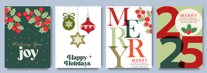Merry Christmas Greeting card set. Collection of festive holiday cards with Christmas and New Year greetings featuring ornaments, holly, and typography design. Trendy template for season banner, cover © Oksana Kalashnykova