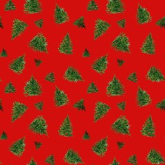 Christmas seamless pattern set watercolor green Christmas firs. Repeating pattern is hand drawn on red background