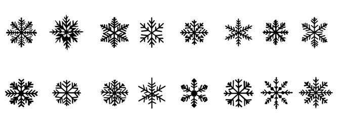 A winter snowflakes icons. Collection silhouette snowflake vector designs featuring various geometric patterns and symmetrical shapes. 