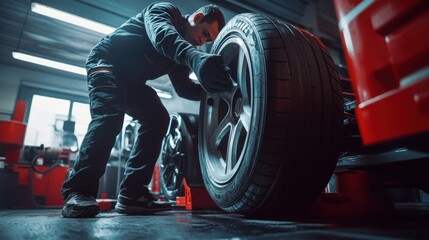 Mechanic Inspecting Tire of Red Car in Garage