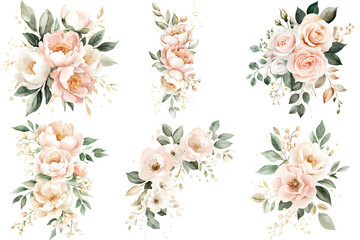 Elegant watercolor floral bouquets featuring soft pink and white roses with green leaves for wedding invitations and decor with transparent background.