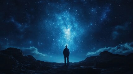 mockup banner featuring a traveler gazing at stars, showcasing the universes vastness and ones spiritual journey in finding their place