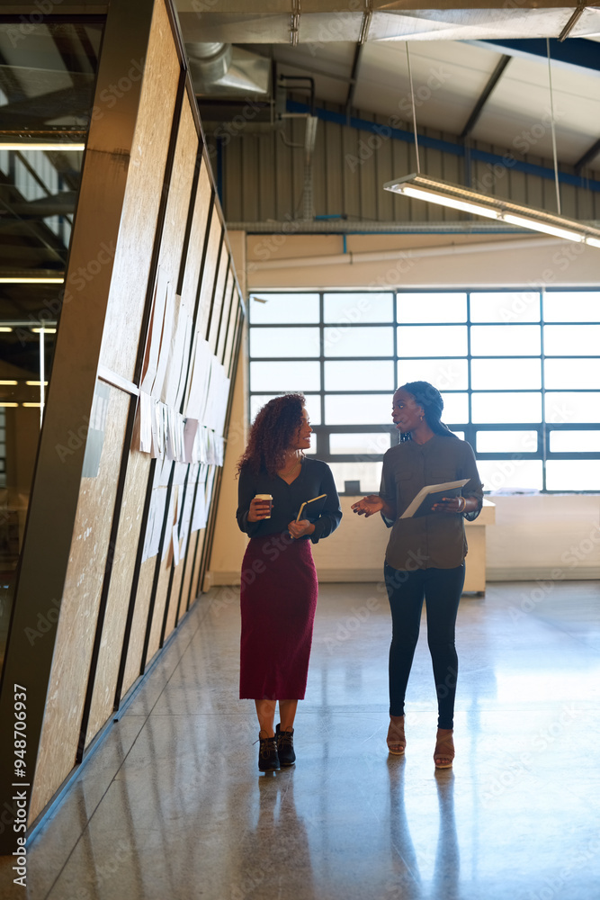 Poster Business people, coffee and walking in office for collaboration, research and planning project together. Startup, discussion and creative women with company partnership in workplace for media agency