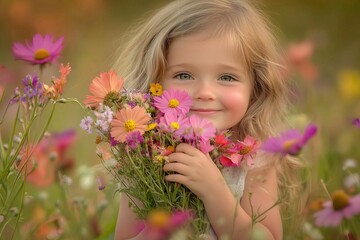 A joyful girl holding a bouquet of colorful flowers in a vibrant field, radiating happiness and innocence.