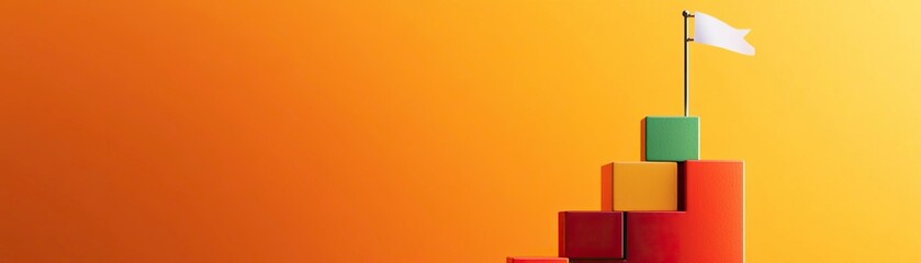 Obraz premium A minimalist representation of achievement with a flag on a pedestal against a warm gradient background, symbolizing success and goals.