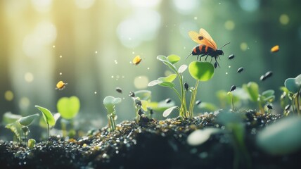 Delicate interaction between insects and small plants in a sun-dappled forest, highlighting nature's interconnectedness.