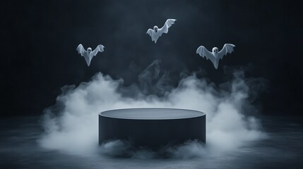 Sleek podium standing against a dark Halloween night with ghostly figures floating through the air