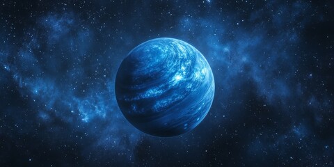 Obraz premium Explore the breathtaking beauty of Neptune, the distant and enigmatic blue planet, gracefully surrounded by the vastness of the galaxy. It is an aweinspiring celestial wonder worth studying