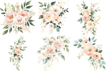 Elegant watercolor floral bouquets featuring soft pink and white roses with green leaves for wedding invitations and decor with transparent background.