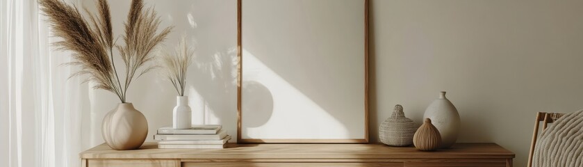Minimalistic home interior with wooden furniture, dried flowers, and ceramic vases in natural light, creating a peaceful and stylish ambiance.