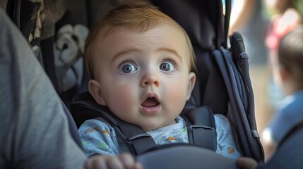 A surprised baby in a stroller, capturing the innocence and wonder of childhood moments in outdoor settings.