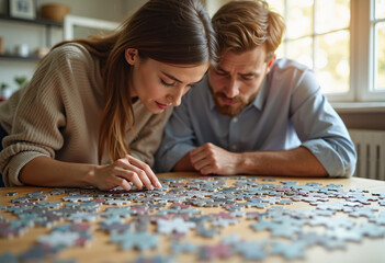 Fototapeta premium The couple is putting a puzzle