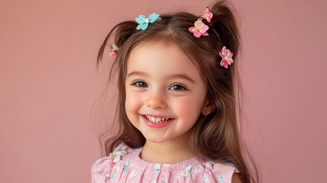 A young girl smiling and wearing a selection of adorable hair clips, showcasing their playful designs and adding a touch of charm to her hairstyle.