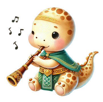 chubby baby Diplodocus playing a traditional Thai instrument, like a khim or flute.