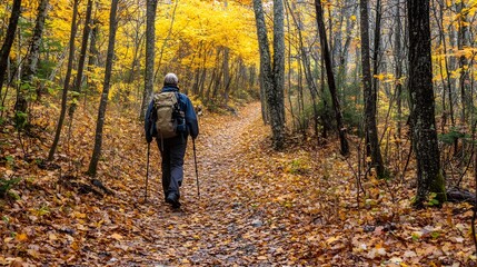 A hiker enjoying the sights and sounds of an autumn forest where the trail is lined with fallen leaves in shades of gold and rust and the crisp air is filled with the earthy scent of the season