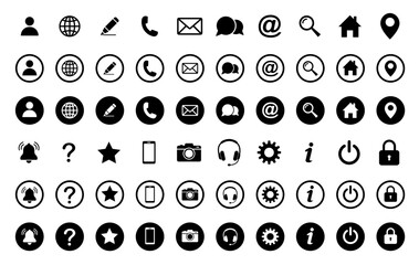 Web icon set. Home, location, call, at, email, address, globe, chat, message, mail, telephone, information, support, search, website, icon. Contact and web icons set. Website set icon vector.