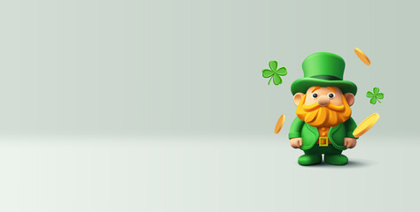 Cute realistic character of St. Patrick, 3D Banner for St. Patrick's Day celebration. Gold coins, green shamrocks. Modern image for advertising concepts, and web design. Vector