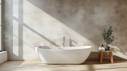 Fototapeta premium Modern bathroom interior design with a freestanding bathtub, wooden stool and plant in front of a concrete wall.