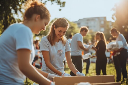Happy volunteers working at charity event outdoors
