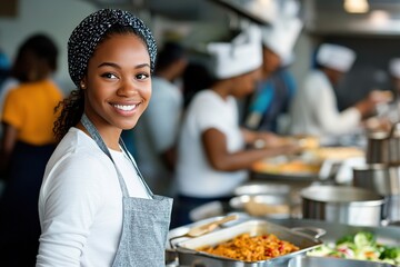 Smiling woman serving food at charity event