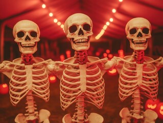 Skeletons performing acrobatics under a dark, fog-filled circus tent, glowing jack-o'-lanterns scattered around, [Halloween circus], [undead performance]