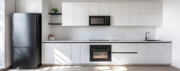 Fototapeta premium Modern kitchen with sleek appliances, clean lines, and ample natural light, perfect for any culinary adventure.