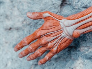 Close-up of hand and wrist anatomy during a rock climbing grip, focusing on tendons and muscle strain, [hand anatomy], [sports injury prevention]