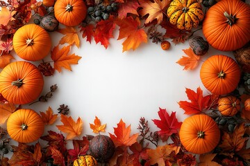 A white background with a frame of orange leaves and pumpkins