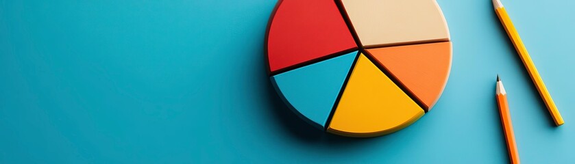 Obraz premium Colorful pie chart on a blue background, showcasing data visualization with pencils for analysis and presentation.