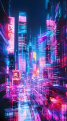 Futuristic Cityscape with Glitchy Digital Distortions and Neon Infused Architecture