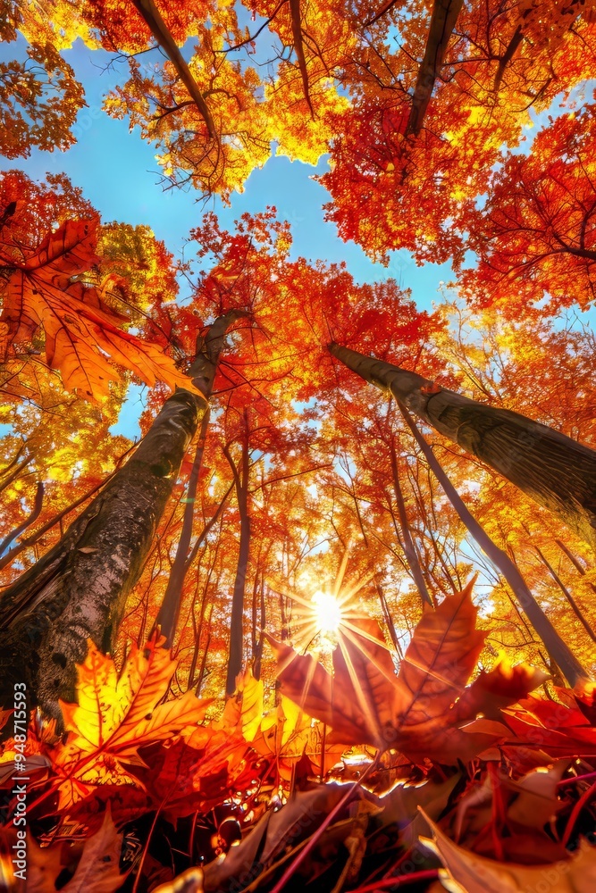 Wall mural Autumn forest with sun shining through red and orange leaves.