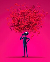 A playful illustration of a stick figure pondering amidst a vibrant explosion of red curls, symbolizing creativity and imagination.