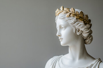 Antique statue of an attractive woman is wearing golden laurel wreath crown