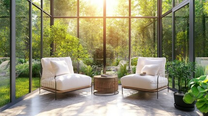 Sunlit conservatory with two white chairs, a wooden coffee table, and potted plants.