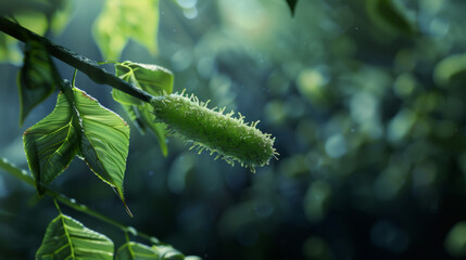 Naklejka premium Single rod shaped bacteria crawling on a green tree branch. high quality photograph