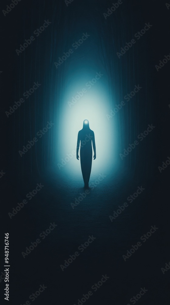 Canvas Prints a ghostly figure walking through a dense, misty forest, gradually fading into the light as they appr