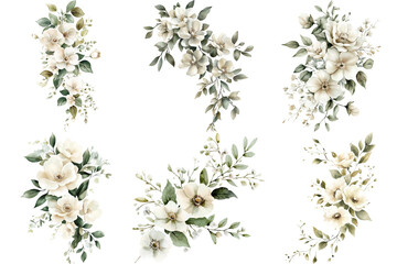 Collection of delicate watercolor floral bouquets with soft pink and green hues for wedding invitations and feminine designs with transparent background.