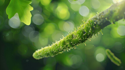 Fototapeta premium Single rod shaped bacteria crawling on a green tree branch. high quality photograph