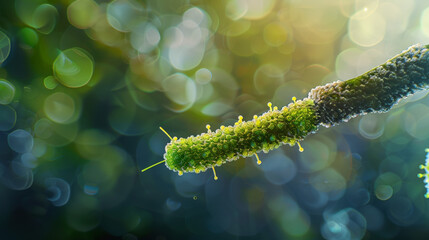 Fototapeta premium Single rod shaped bacteria crawling on a green tree branch. high quality photograph