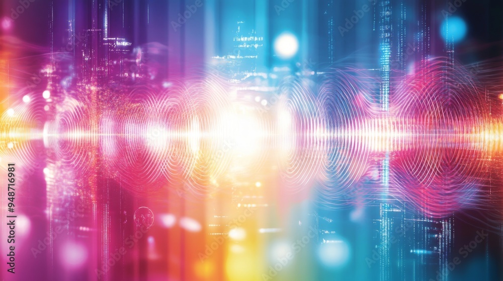 Poster an abstract image illustrating electromagnetic waves with energy pulses and varying wavelengths, set