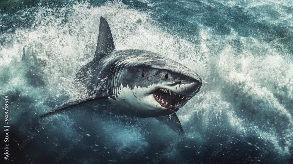 Poster an action-packed shot of a shark in pursuit of prey, with fast movement and dynamic water effects il