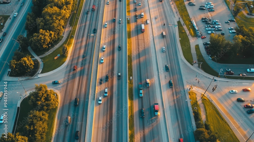 Poster an aerial view of a highway with flowing traffic and visible lane markings, showing the organized la