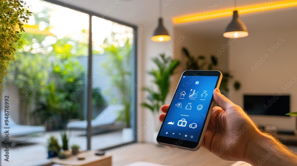 Poster Close up of a hand holding a smartphone with smart home interface against a blurry background of a living room.