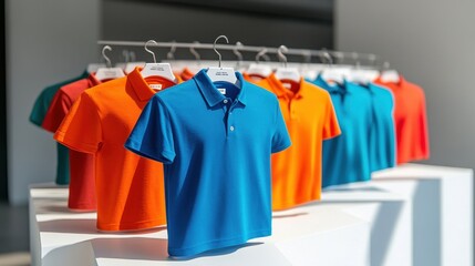 Obraz premium Colorful polo shirts displayed on hangers in a modern retail space, showcasing vibrant hues in a stylish arrangement.