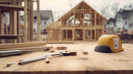 Fototapeta premium Construction Tools On Wooden Table With New House Framework In Background - Housing Industry Concept with generative ai